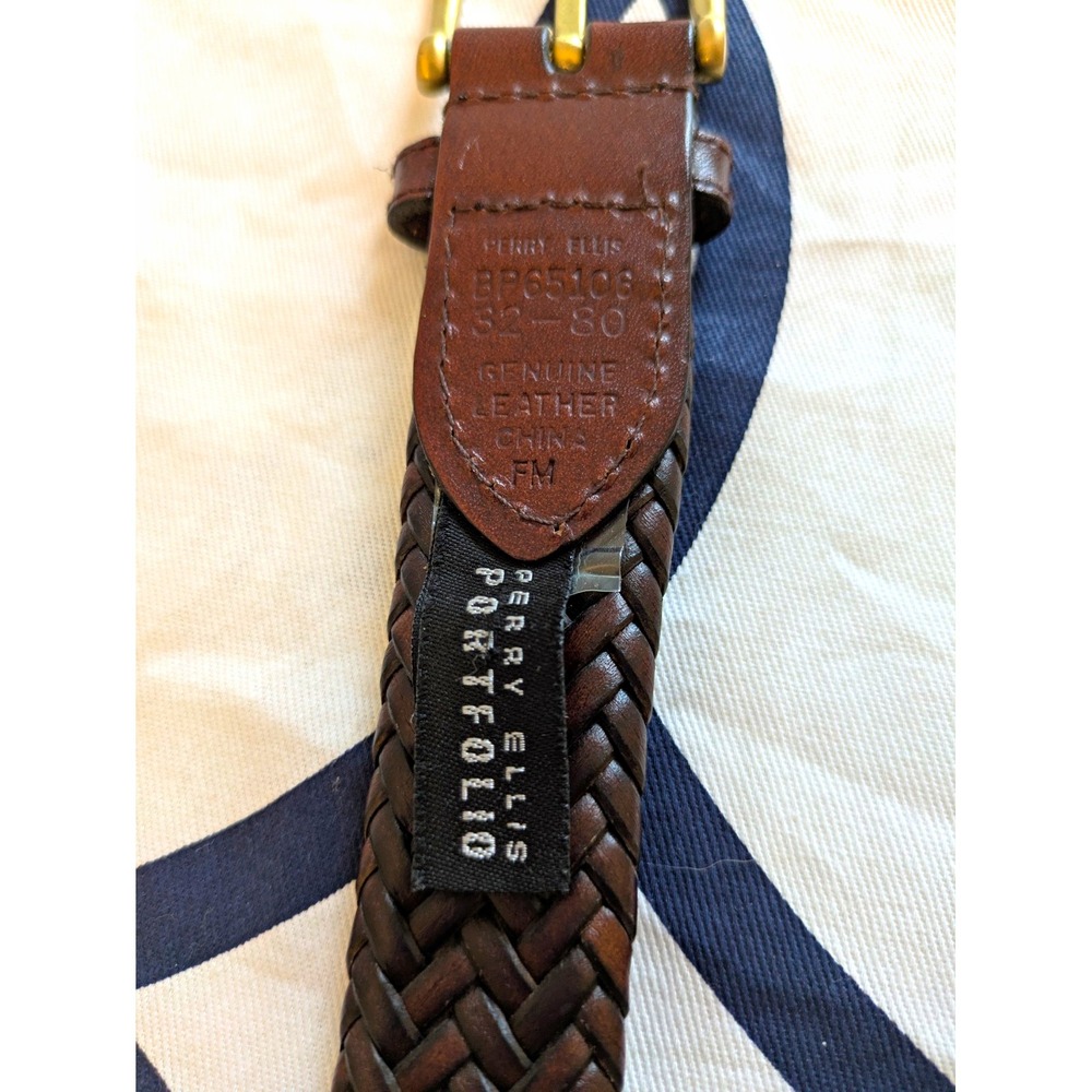 Perry Ellis Men's Brown Braided Belt Brass Buckle Adjustable 1 1/4" Size 32